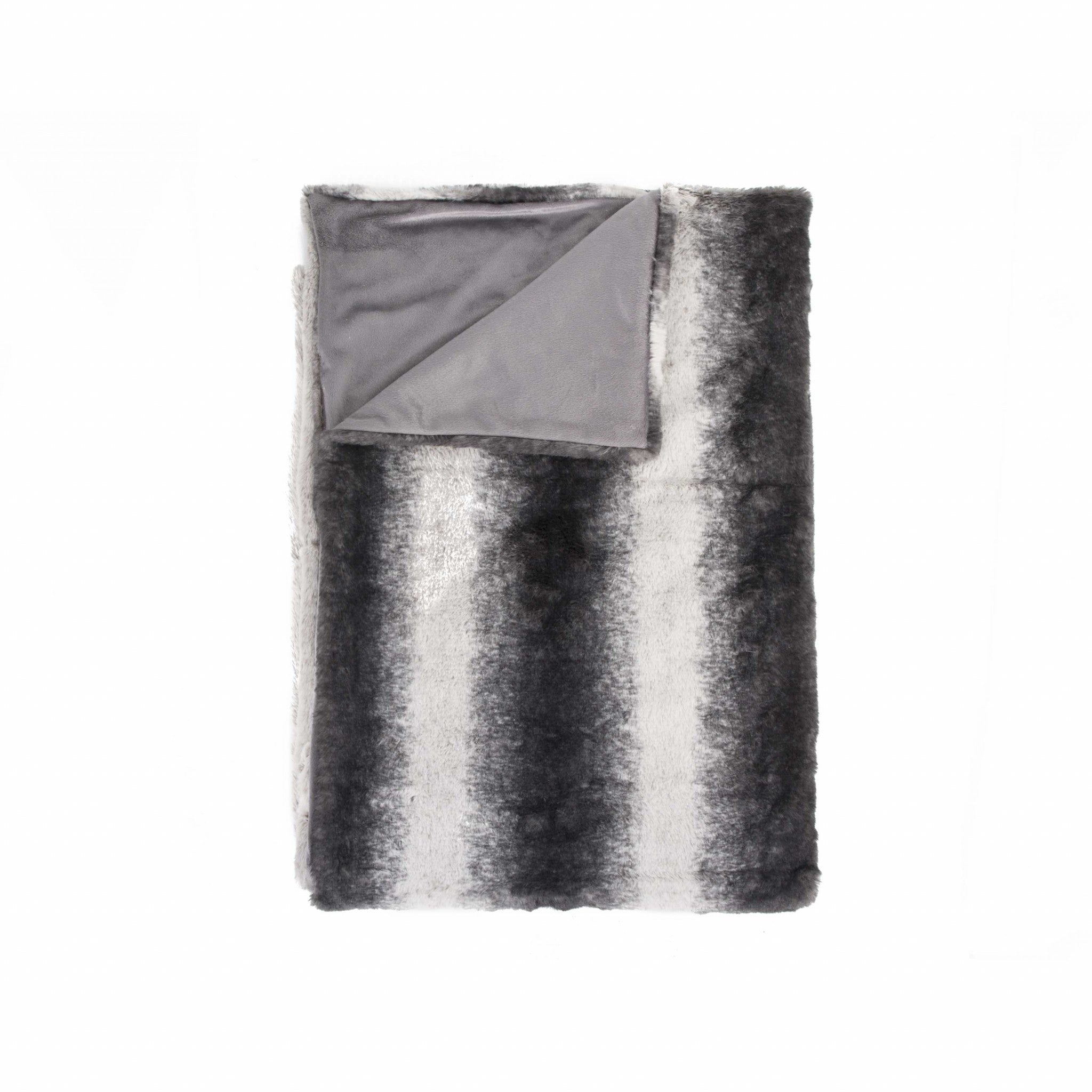 50" X 70" Gray and White Faux Fur Striped Plush Throw Blanket-Throws & Blankets-DECOROLALA