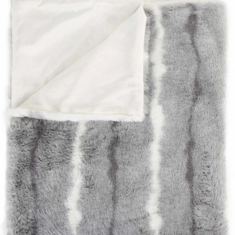 50" X 70" Gray and White Faux Fur Striped Plush Throw Blanket-Throws & Blankets-DECOROLALA
