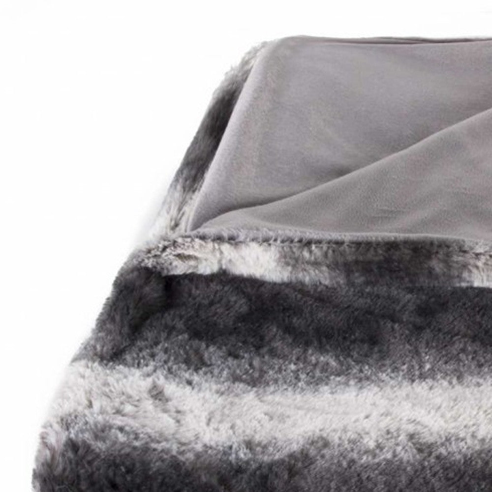 50" X 70" Gray and White Faux Fur Striped Plush Throw Blanket-Throws & Blankets-DECOROLALA