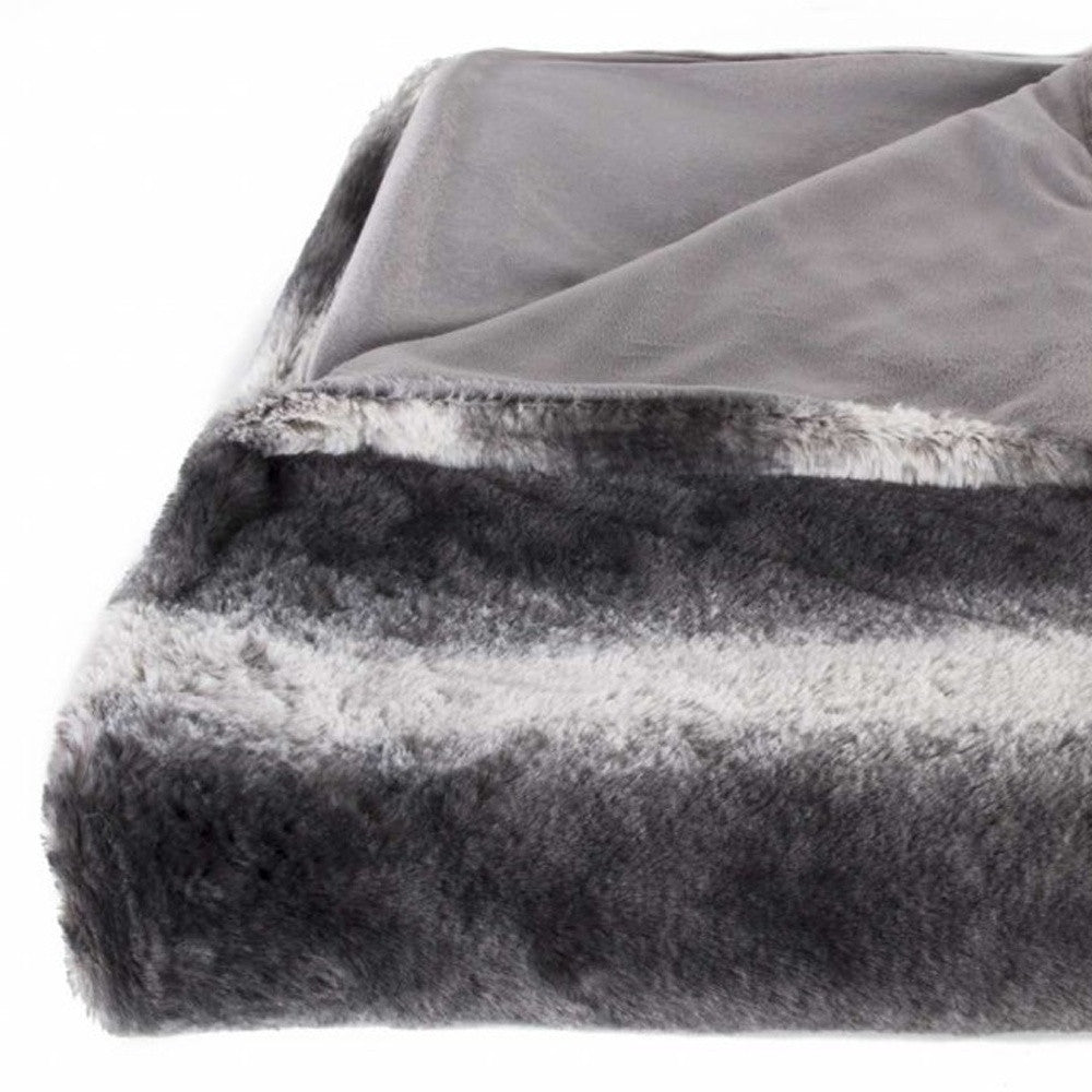 50" X 70" Gray and White Faux Fur Striped Plush Throw Blanket-Throws & Blankets-DECOROLALA
