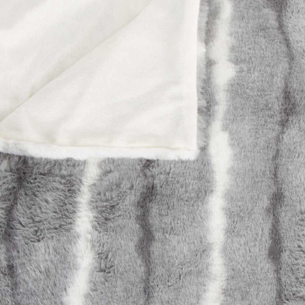50" X 70" Gray and White Faux Fur Striped Plush Throw Blanket-Throws & Blankets-DECOROLALA
