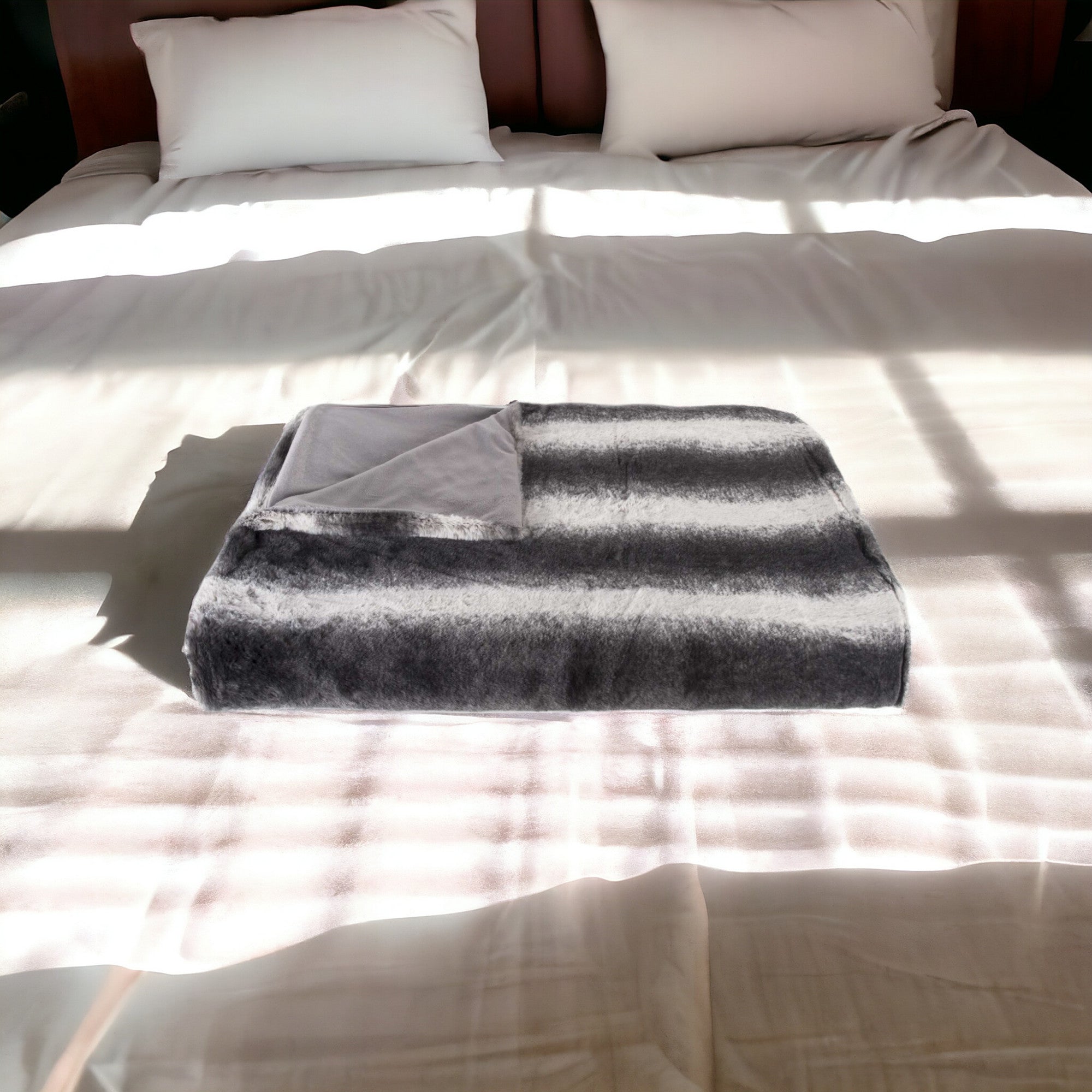 50" X 70" Gray and White Faux Fur Striped Plush Throw Blanket-Throws & Blankets-DECOROLALA