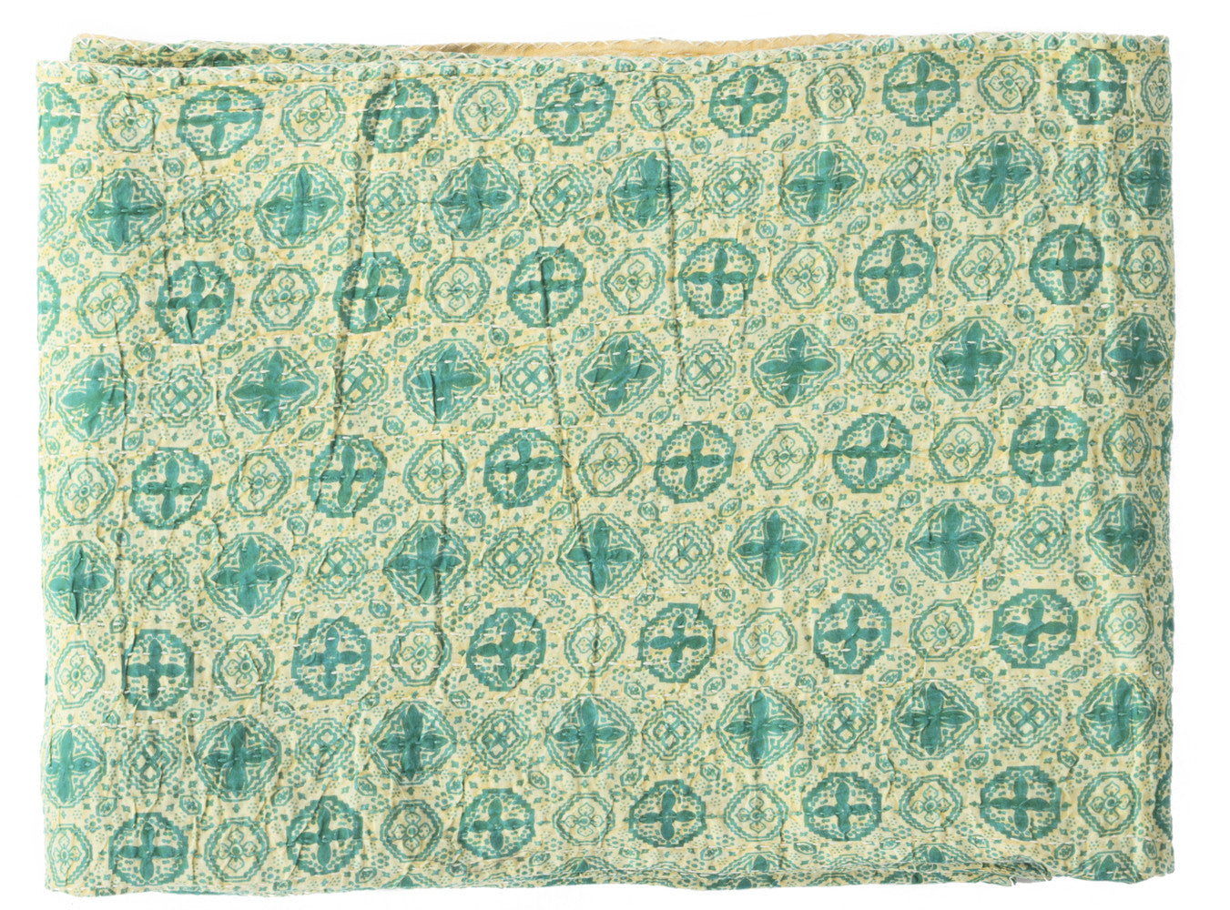 50" X 70" Green and Ivory Kantha Cotton Geometric Throw Blanket with Embroidery-Throws & Blankets-DECOROLALA