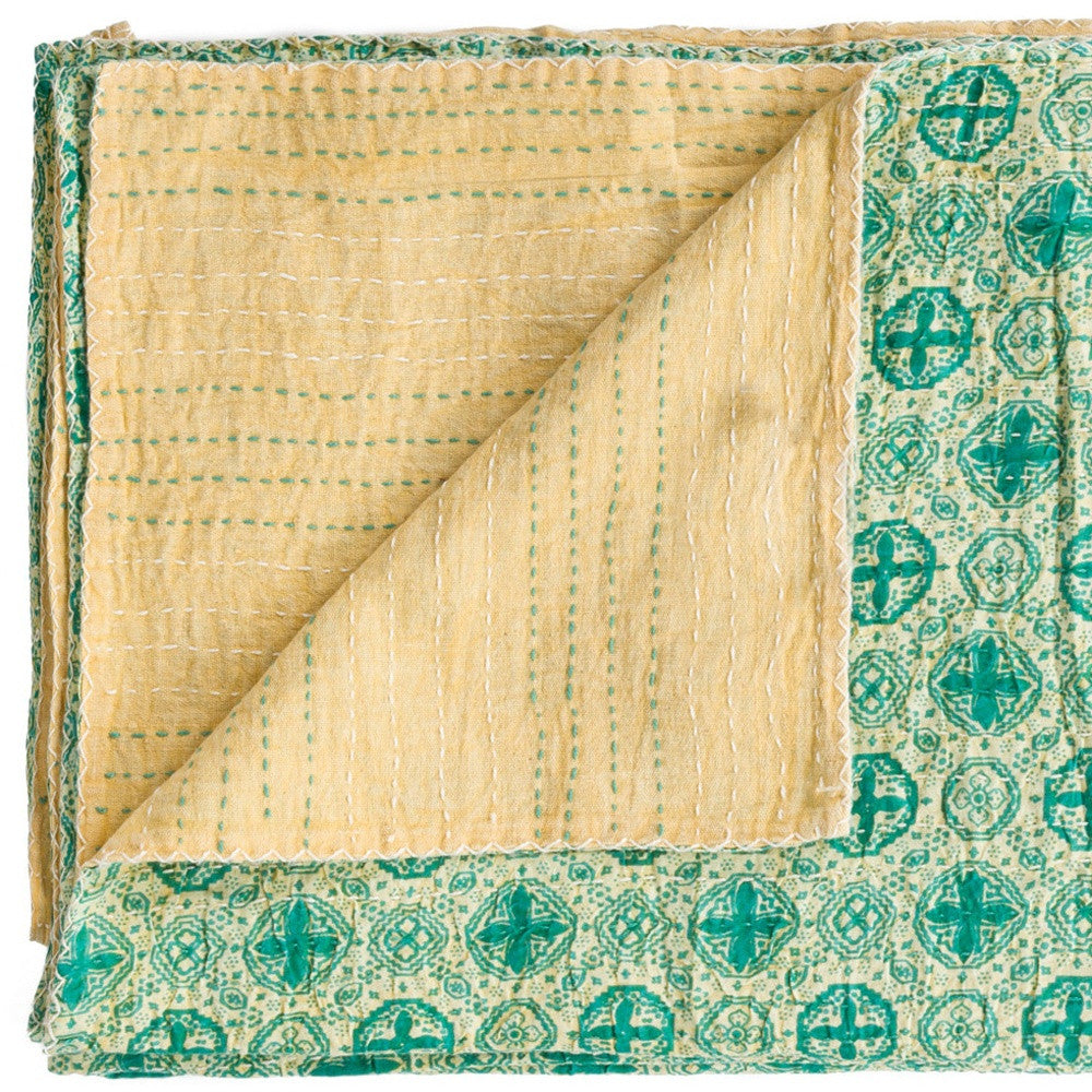 50" X 70" Green and Ivory Kantha Cotton Geometric Throw Blanket with Embroidery-Throws & Blankets-DECOROLALA