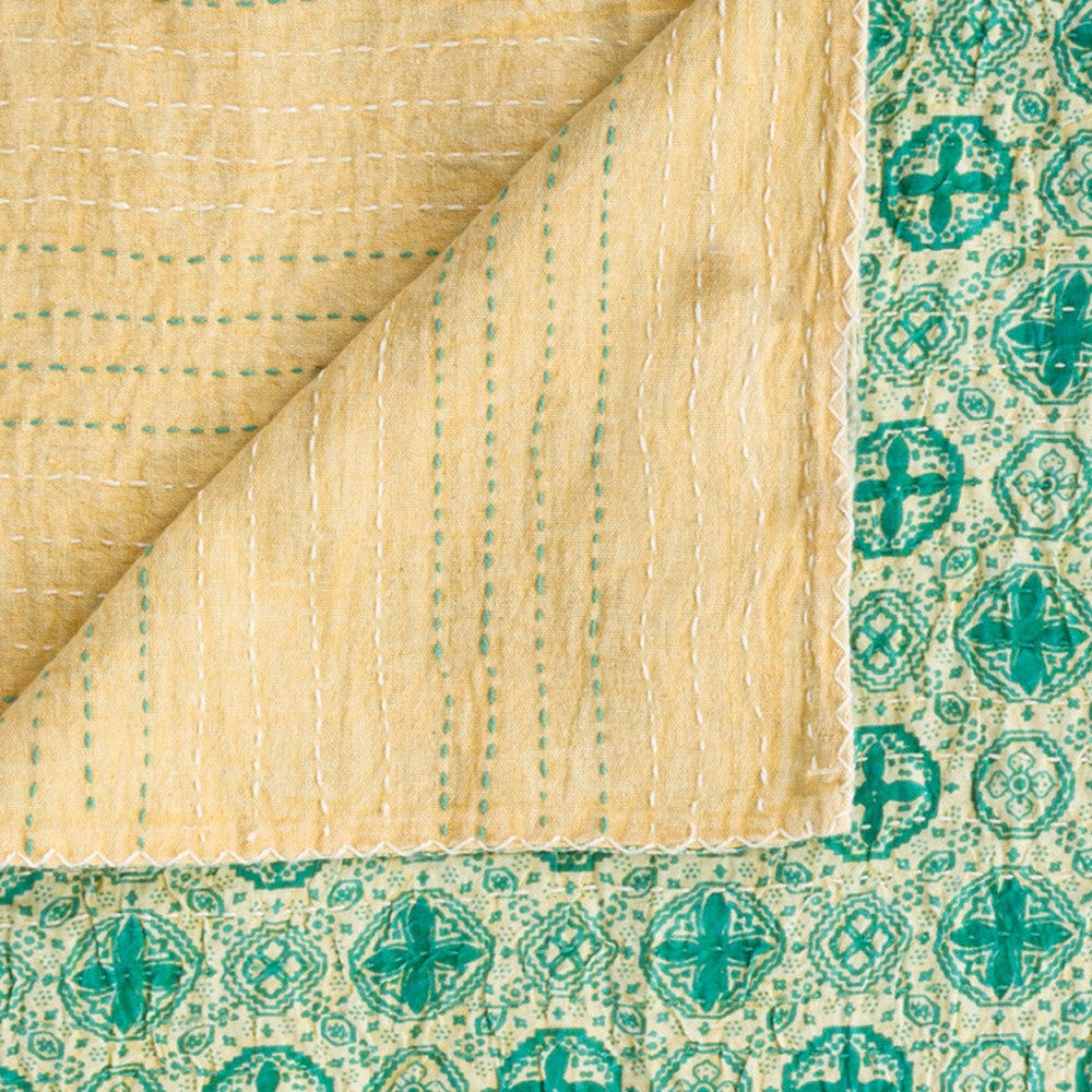 50" X 70" Green and Ivory Kantha Cotton Geometric Throw Blanket with Embroidery-Throws & Blankets-DECOROLALA