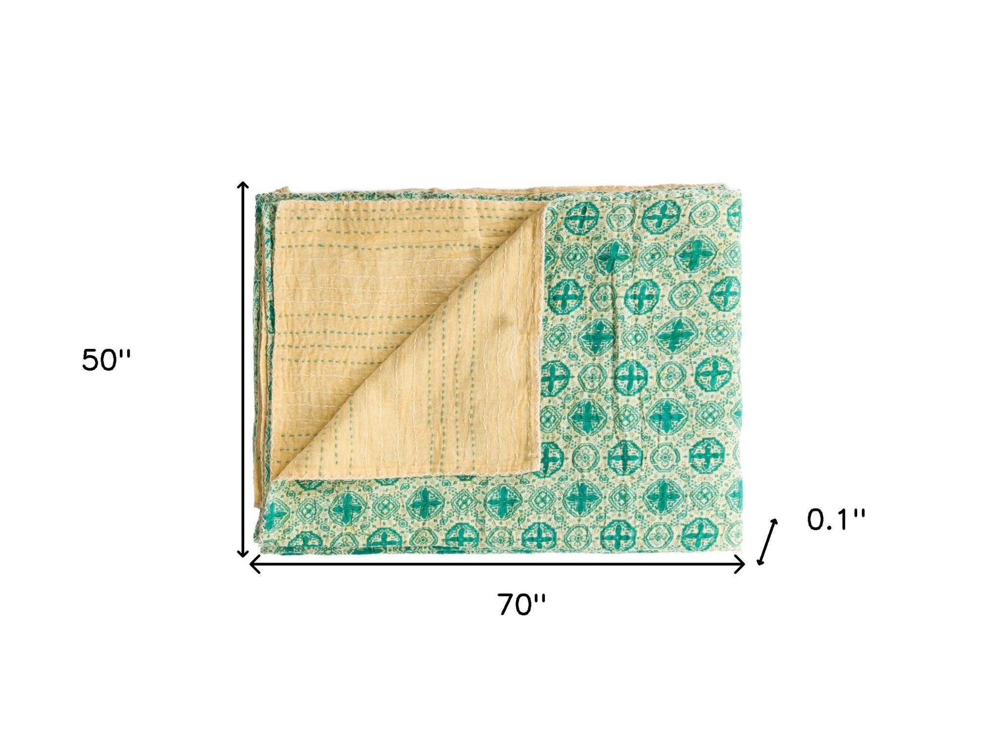50" X 70" Green and Ivory Kantha Cotton Geometric Throw Blanket with Embroidery-Throws & Blankets-DECOROLALA