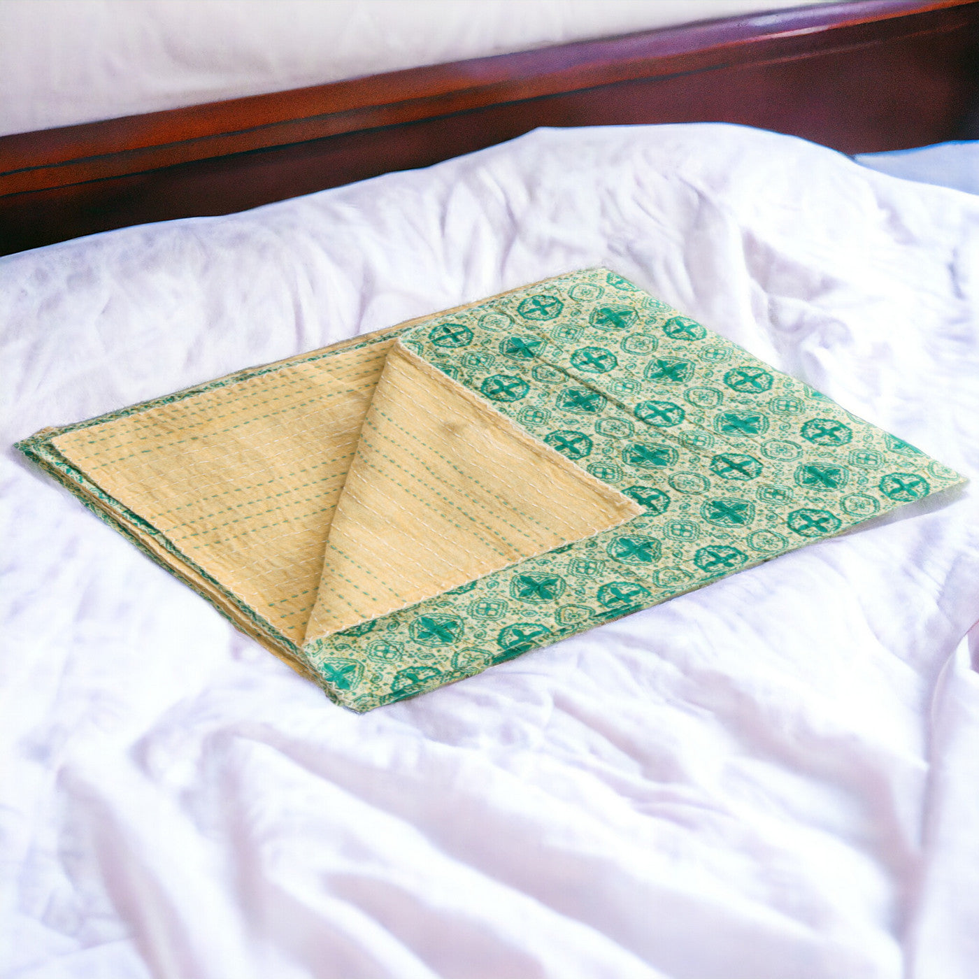 50" X 70" Green and Ivory Kantha Cotton Geometric Throw Blanket with Embroidery-Throws & Blankets-DECOROLALA