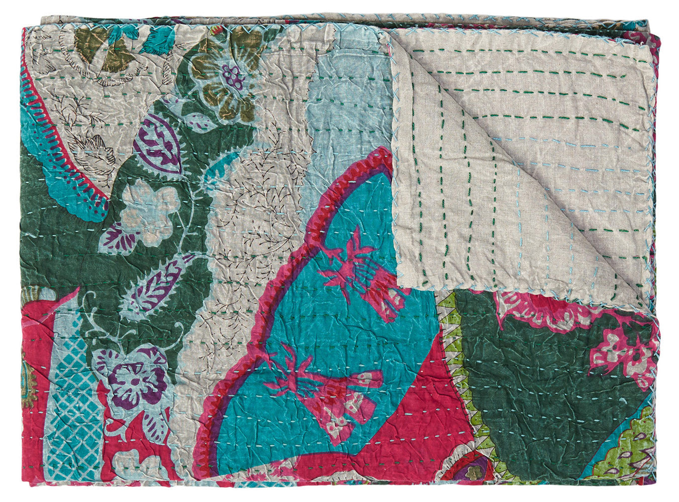 50" X 70" Green and Pink Kantha Cotton Abstract Throw Blanket with Embroidery-Throws & Blankets-DECOROLALA