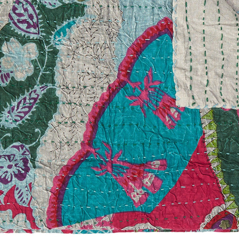 50" X 70" Green and Pink Kantha Cotton Abstract Throw Blanket with Embroidery-Throws & Blankets-DECOROLALA