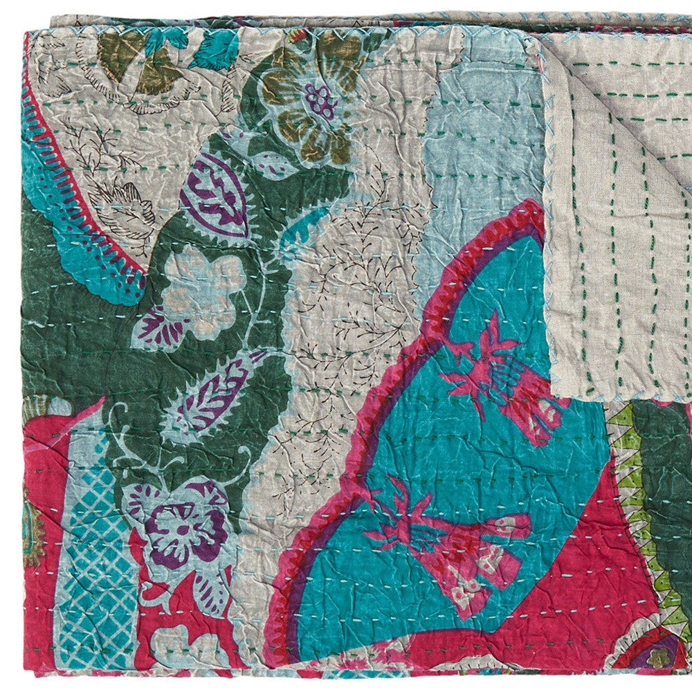 50" X 70" Green and Pink Kantha Cotton Abstract Throw Blanket with Embroidery-Throws & Blankets-DECOROLALA