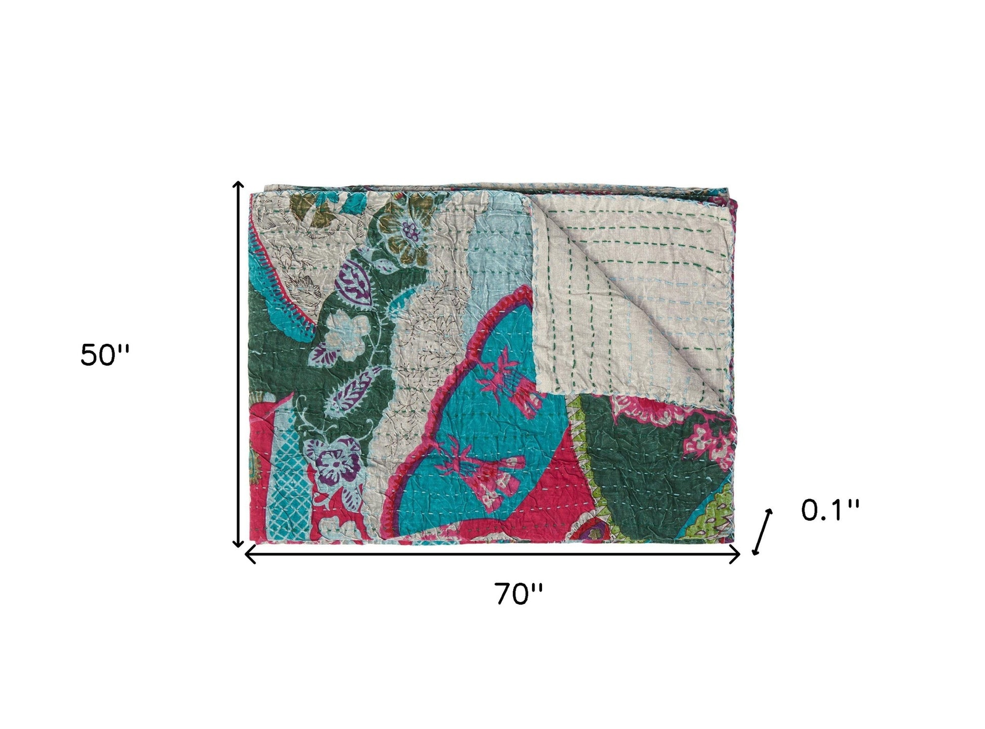 50" X 70" Green and Pink Kantha Cotton Abstract Throw Blanket with Embroidery-Throws & Blankets-DECOROLALA