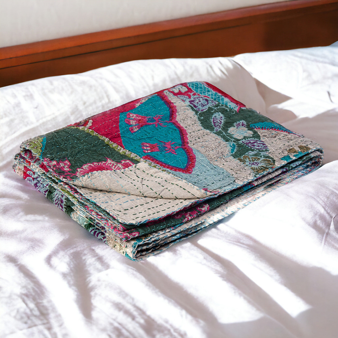 50" X 70" Green and Pink Kantha Cotton Abstract Throw Blanket with Embroidery-Throws & Blankets-DECOROLALA