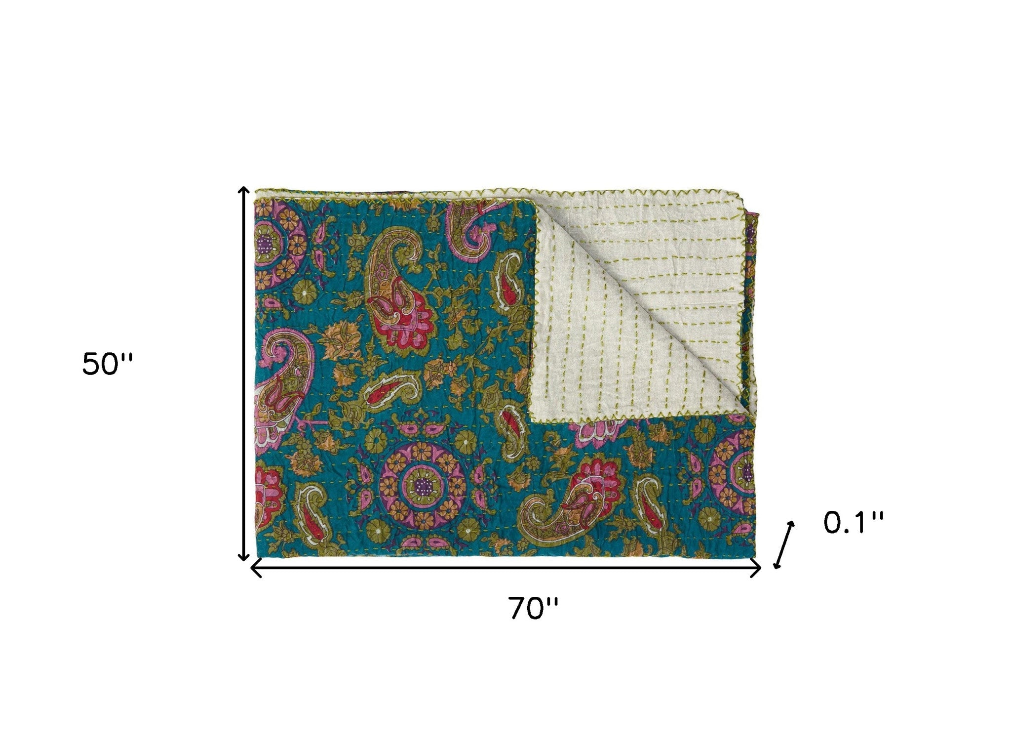 50" X 70" Green and Pink Kantha Cotton Paisley Throw Blanket with Embroidery-Throws & Blankets-DECOROLALA