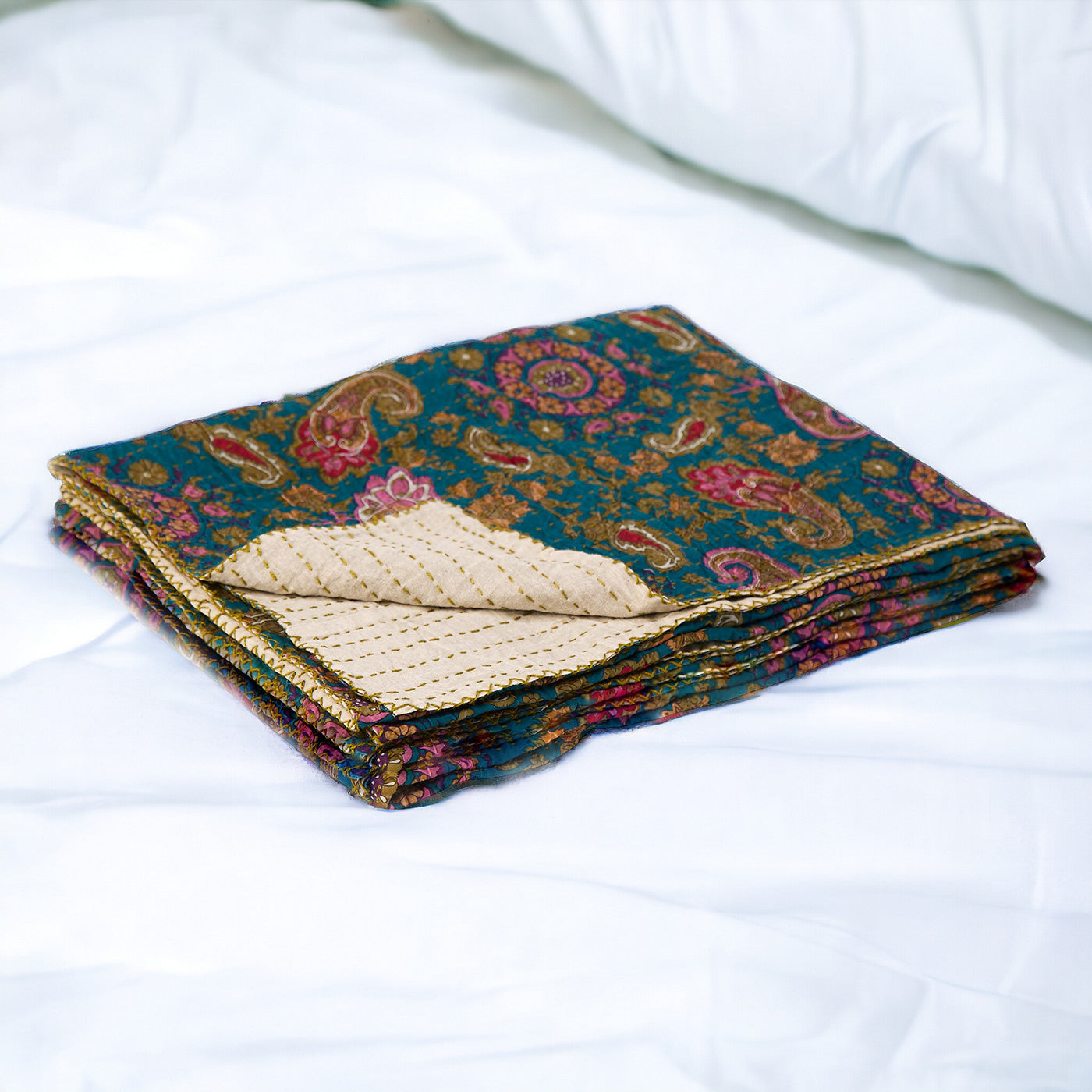 50" X 70" Green and Pink Kantha Cotton Paisley Throw Blanket with Embroidery-Throws & Blankets-DECOROLALA