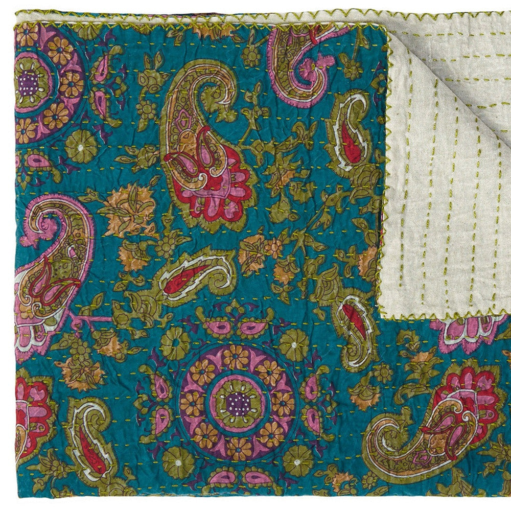 50" X 70" Green and Pink Kantha Cotton Paisley Throw Blanket with Embroidery-Throws & Blankets-DECOROLALA