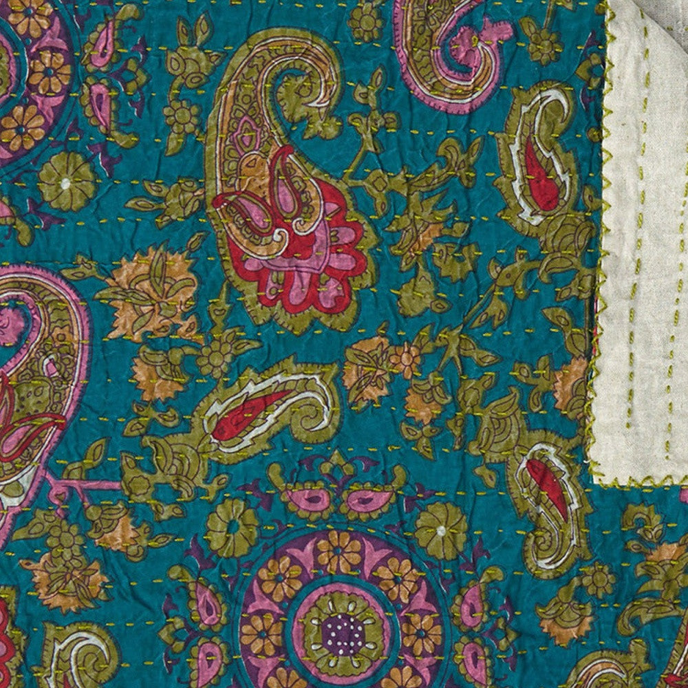 50" X 70" Green and Pink Kantha Cotton Paisley Throw Blanket with Embroidery-Throws & Blankets-DECOROLALA