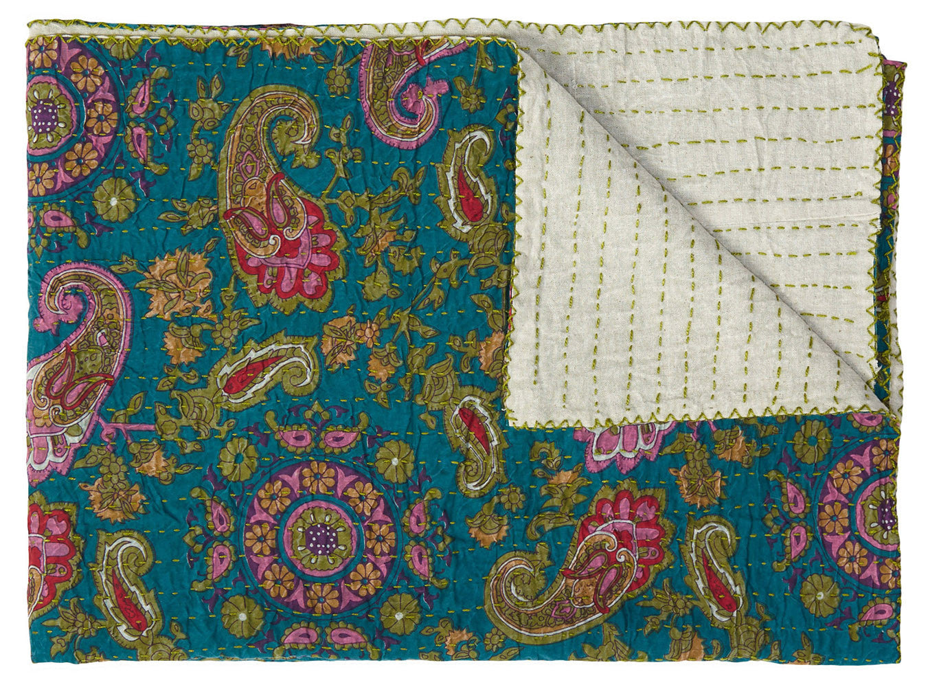 50" X 70" Green and Pink Kantha Cotton Paisley Throw Blanket with Embroidery-Throws & Blankets-DECOROLALA