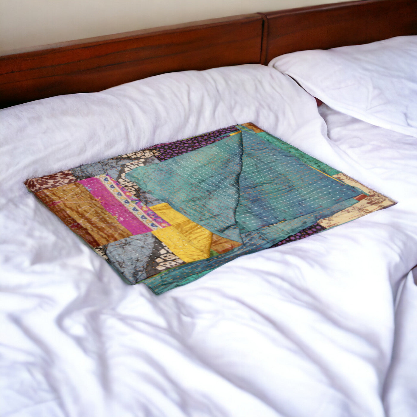 50" X 70" Green and White Quilted Cotton Patchwork Throw Blanket with Embroidery-Throws & Blankets-DECOROLALA