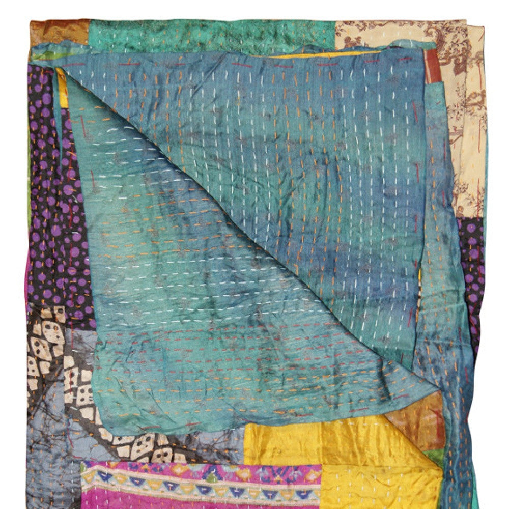 50" X 70" Green and White Quilted Cotton Patchwork Throw Blanket with Embroidery-Throws & Blankets-DECOROLALA