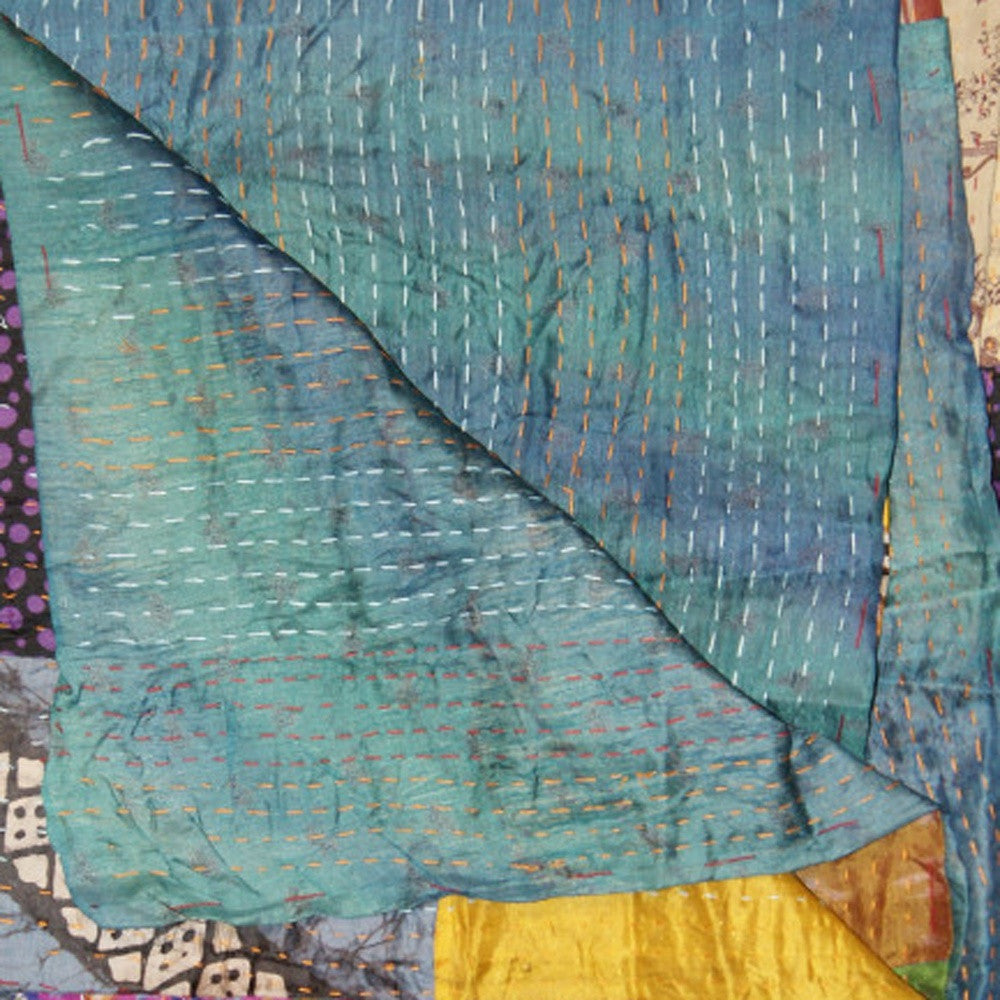 50" X 70" Green and White Quilted Cotton Patchwork Throw Blanket with Embroidery-Throws & Blankets-DECOROLALA