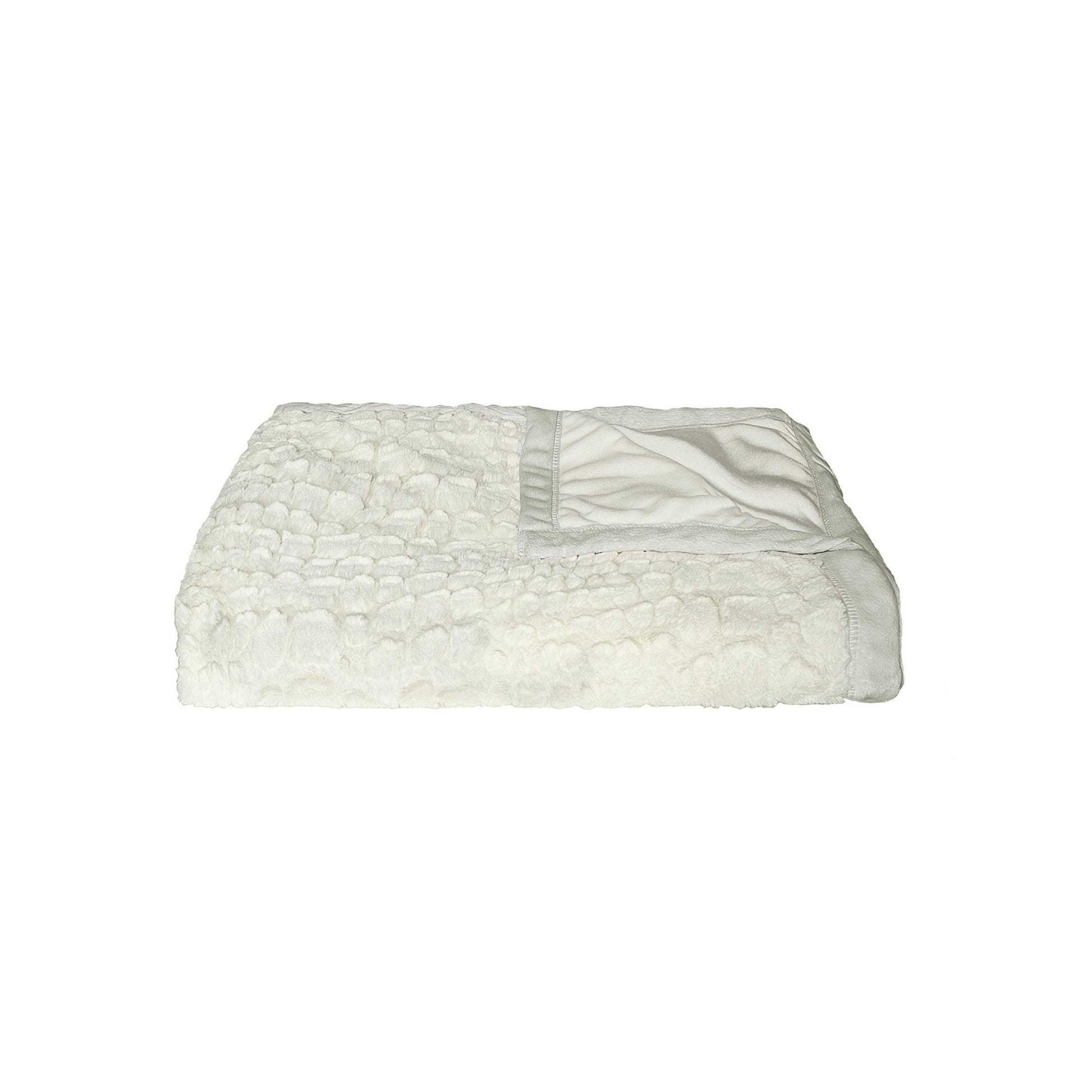 50" X 70" Ivory Faux Fur Plush Throw Blanket with Embroidery-Throws & Blankets-DECOROLALA