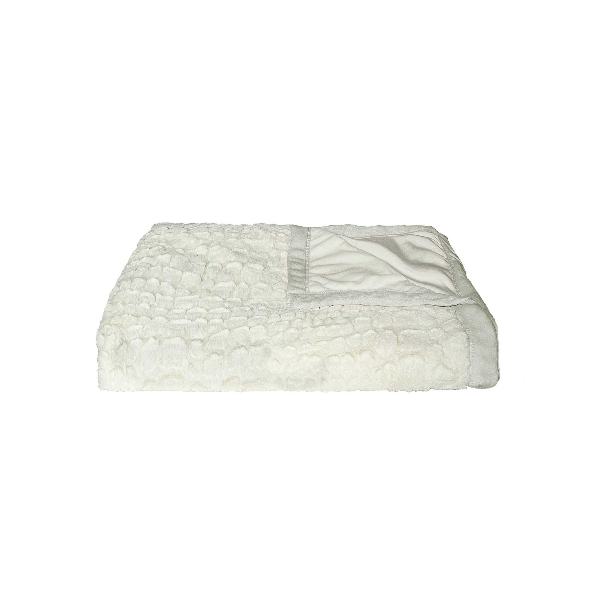 50" X 70" Ivory Faux Fur Plush Throw Blanket with Embroidery-Throws & Blankets-DECOROLALA