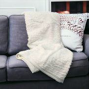 50" X 70" Ivory Faux Fur Plush Throw Blanket with Embroidery-Throws & Blankets-DECOROLALA