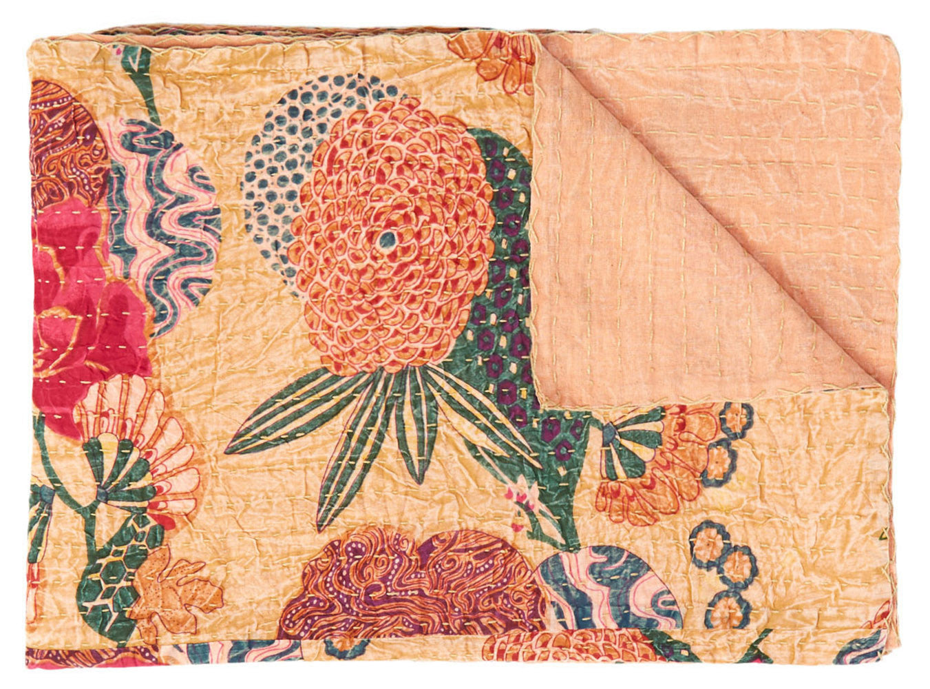 50" X 70" Orange and Red Kantha Cotton Floral Throw Blanket with Embroidery-Throws & Blankets-DECOROLALA