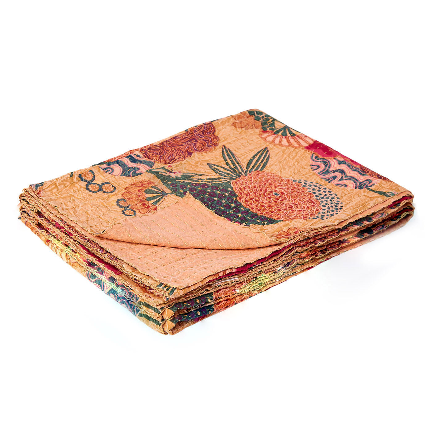 50" X 70" Orange and Red Kantha Cotton Floral Throw Blanket with Embroidery-Throws & Blankets-DECOROLALA