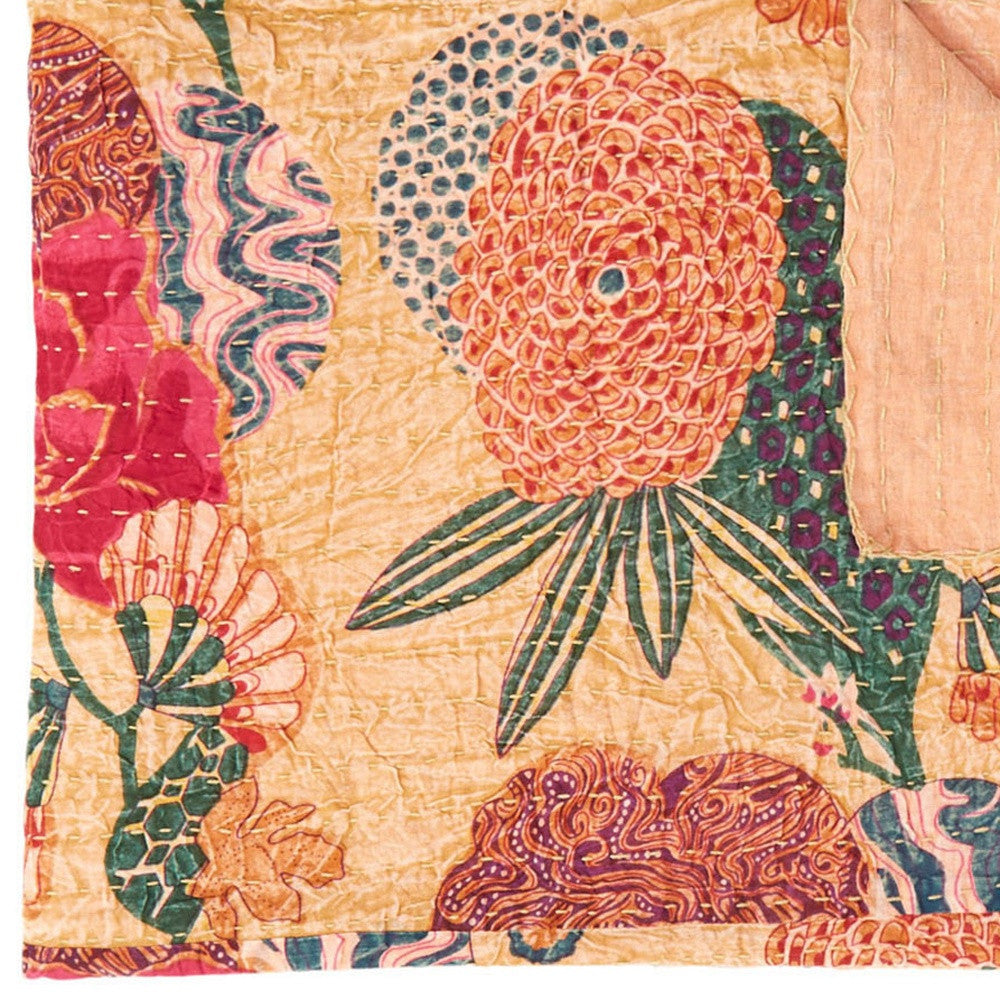 50" X 70" Orange and Red Kantha Cotton Floral Throw Blanket with Embroidery-Throws & Blankets-DECOROLALA