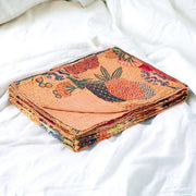 50" X 70" Orange and Red Kantha Cotton Floral Throw Blanket with Embroidery-Throws & Blankets-DECOROLALA
