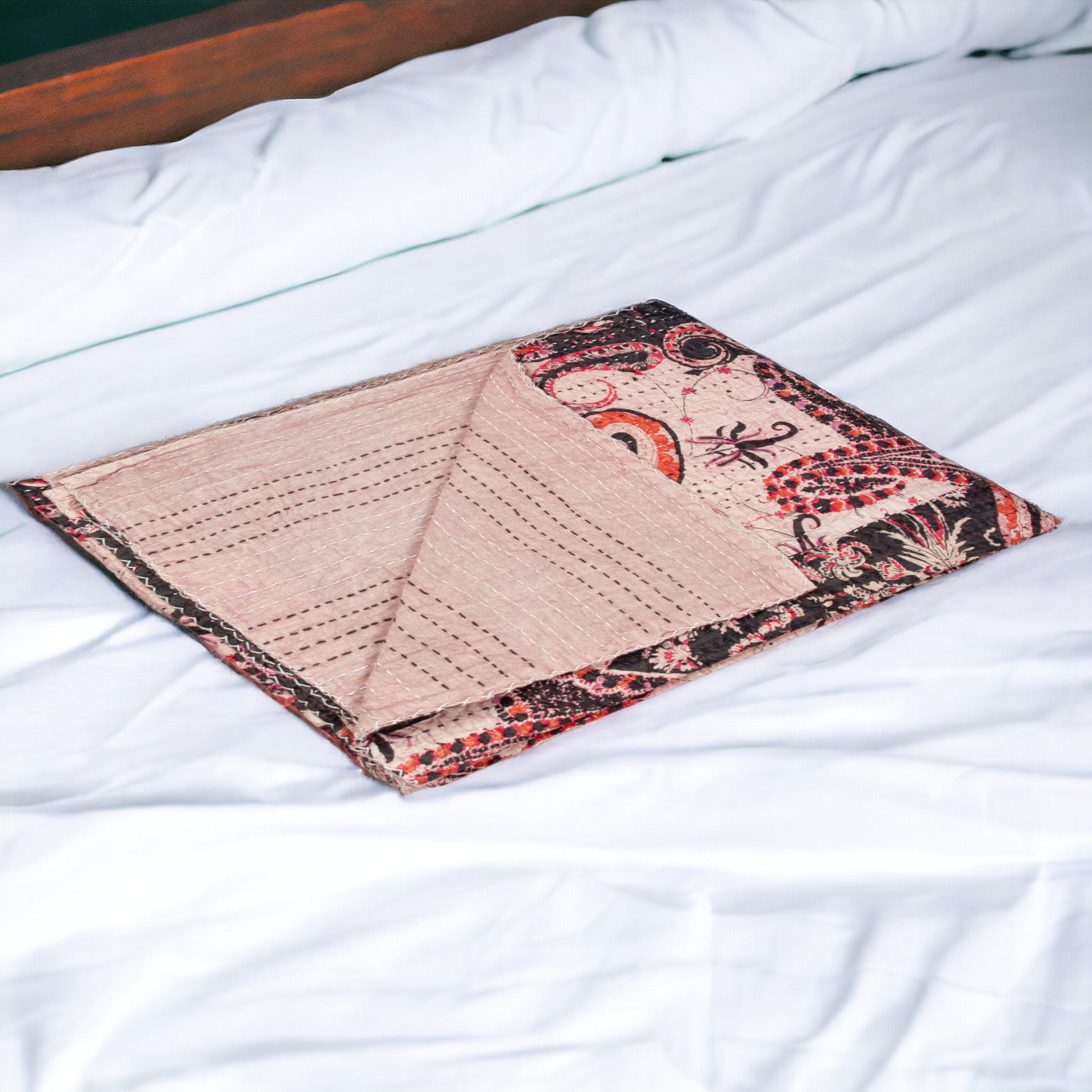 50" X 70" Pink and Black Kantha Cotton Abstract Throw Blanket with Embroidery-Throws & Blankets-DECOROLALA