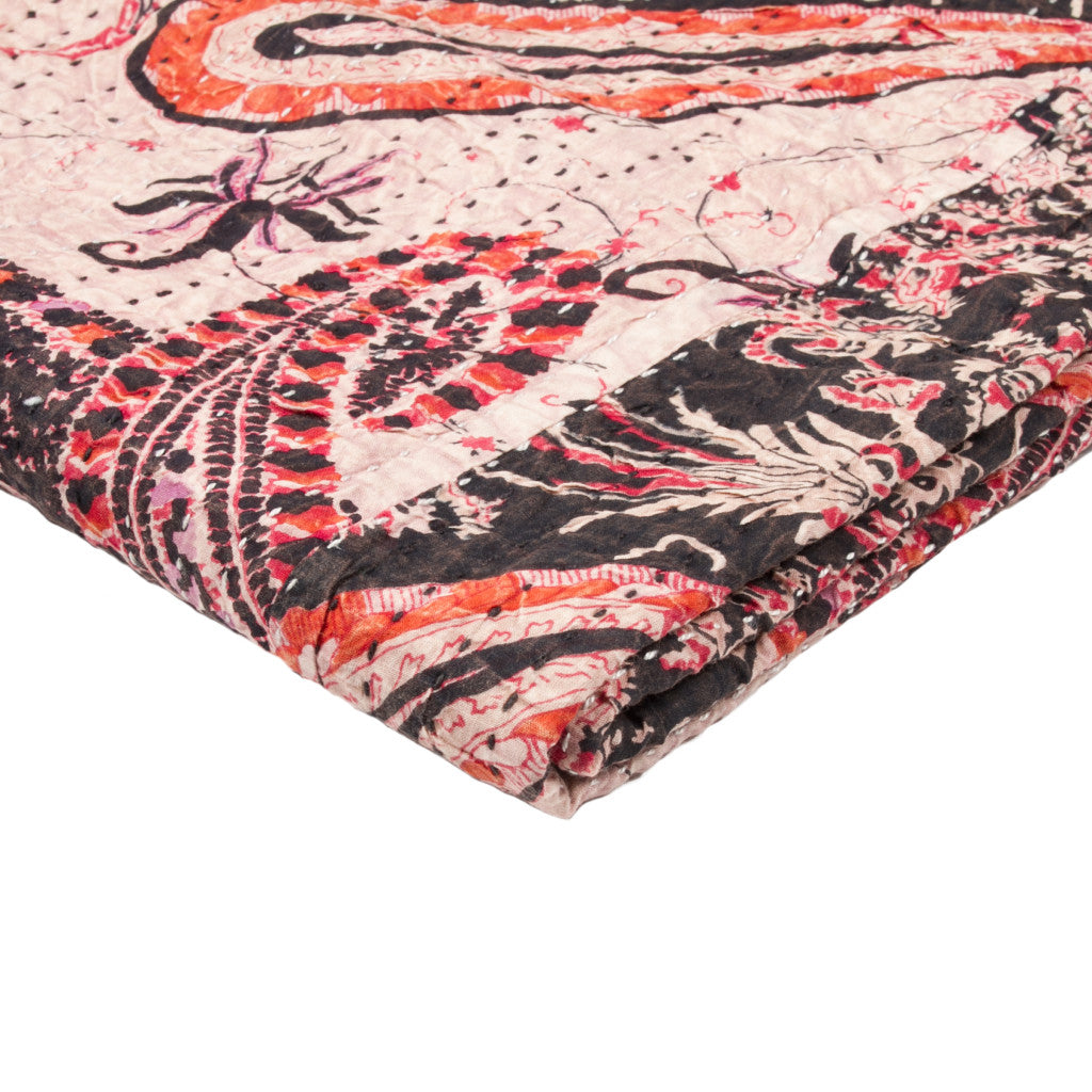50" X 70" Pink and Black Kantha Cotton Abstract Throw Blanket with Embroidery-Throws & Blankets-DECOROLALA