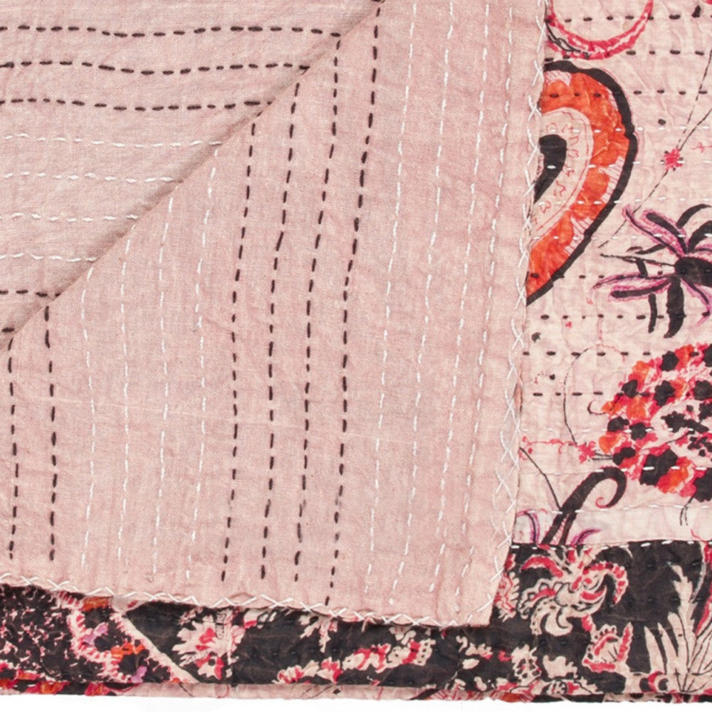 50" X 70" Pink and Black Kantha Cotton Abstract Throw Blanket with Embroidery-Throws & Blankets-DECOROLALA