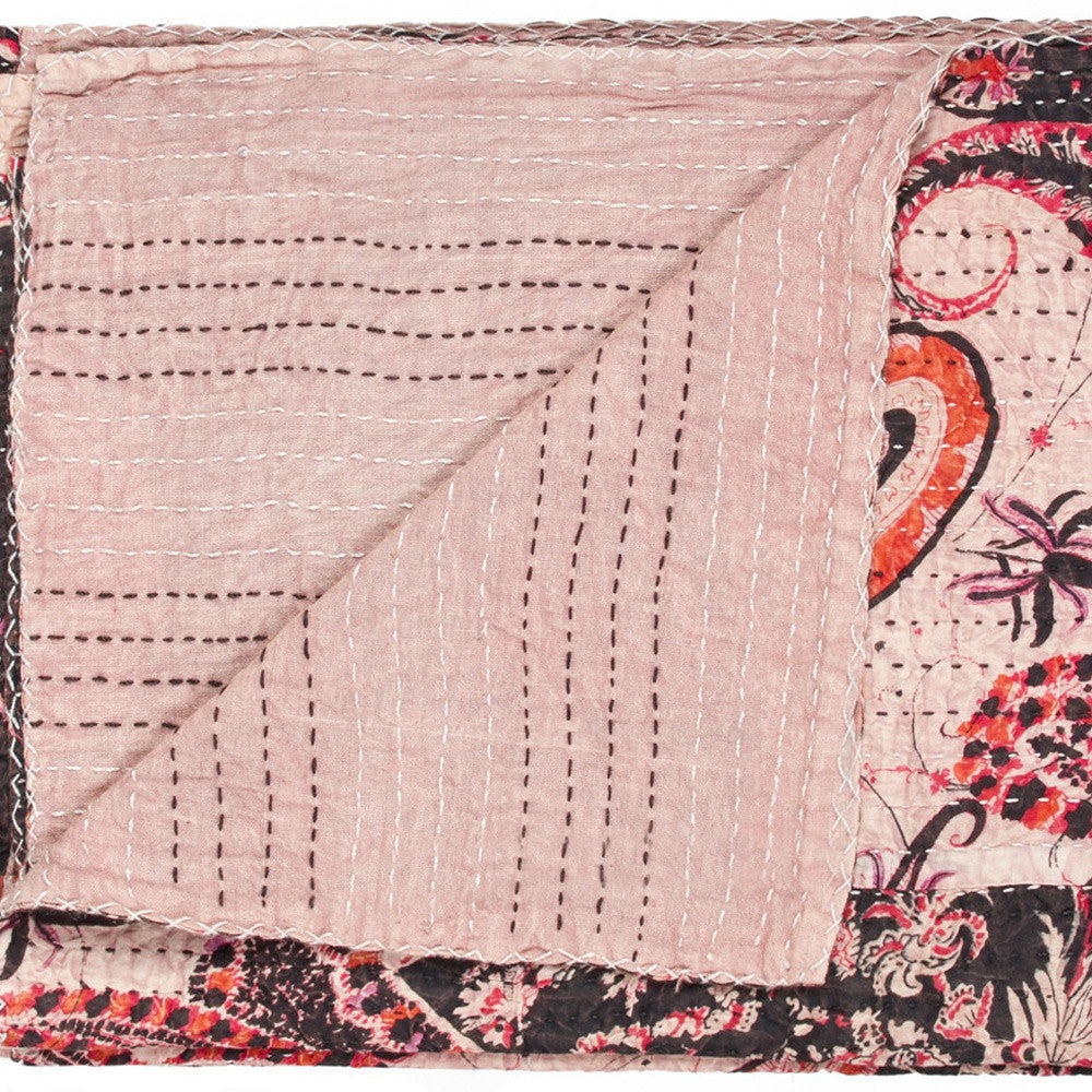 50" X 70" Pink and Black Kantha Cotton Abstract Throw Blanket with Embroidery-Throws & Blankets-DECOROLALA