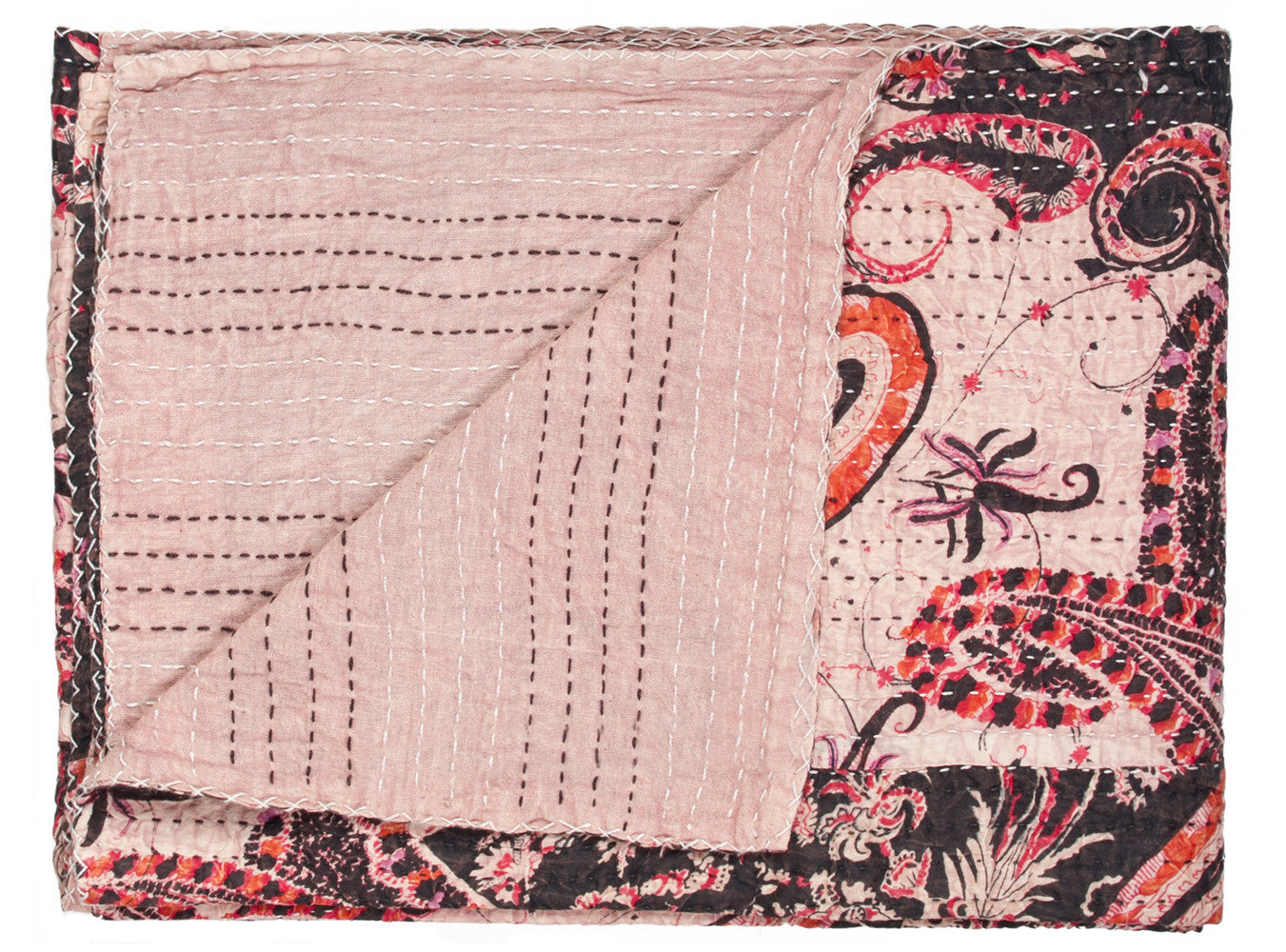 50" X 70" Pink and Black Kantha Cotton Abstract Throw Blanket with Embroidery-Throws & Blankets-DECOROLALA