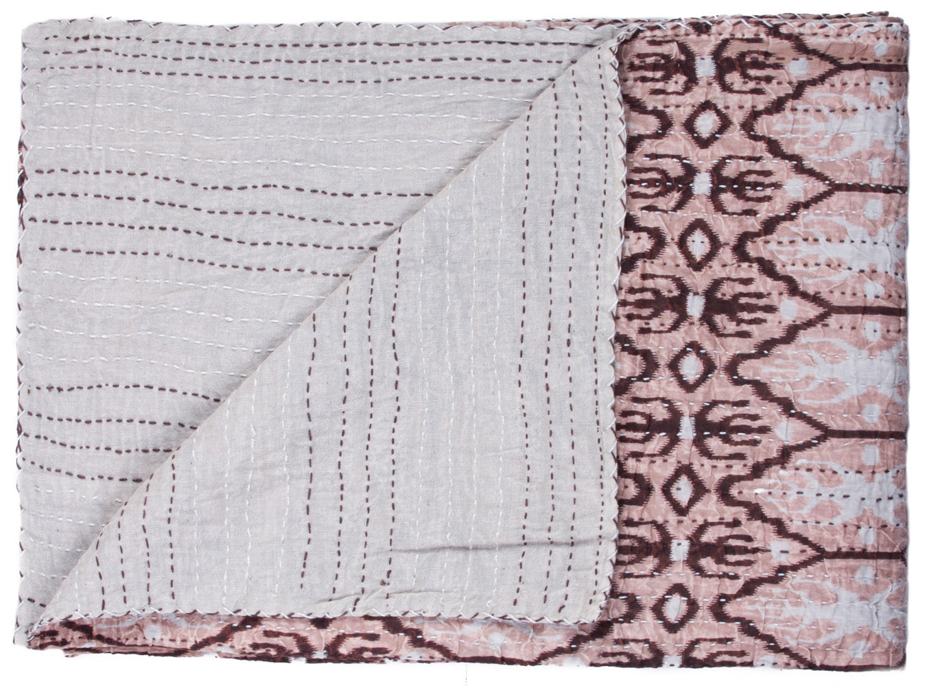 50" X 70" Pink and Brown Kantha Cotton Abstract Throw Blanket with Embroidery-Throws & Blankets-DECOROLALA