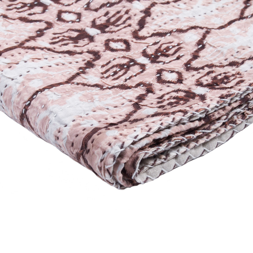 50" X 70" Pink and Brown Kantha Cotton Abstract Throw Blanket with Embroidery-Throws & Blankets-DECOROLALA