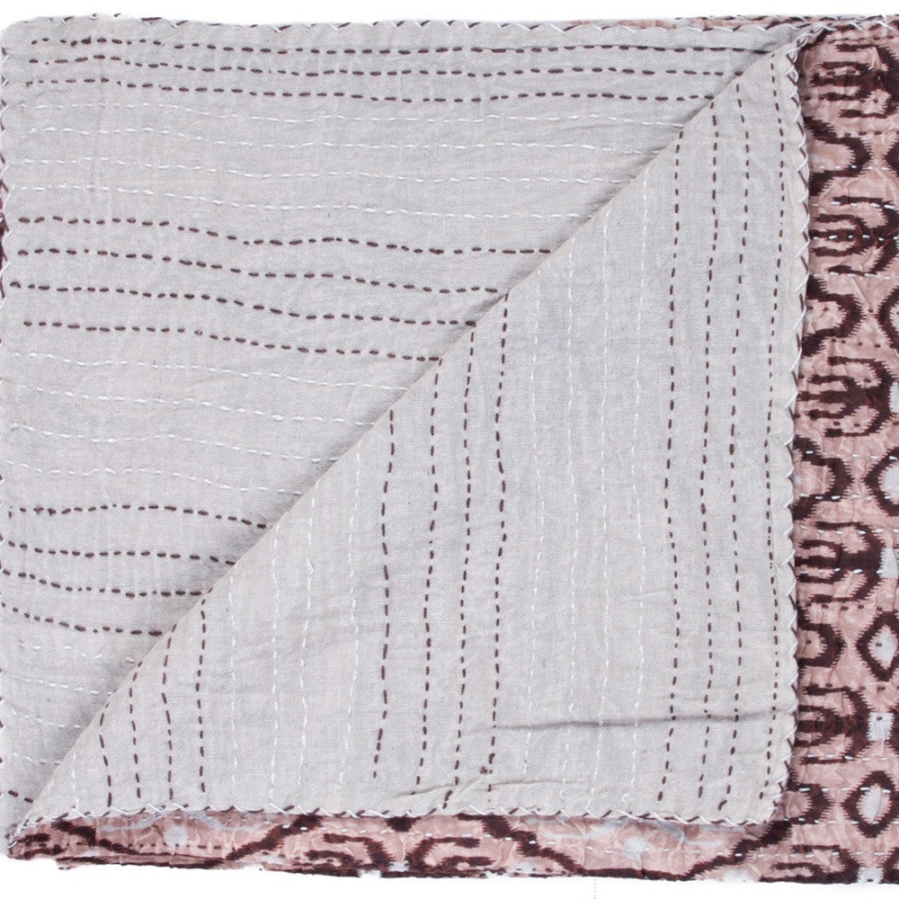 50" X 70" Pink and Brown Kantha Cotton Abstract Throw Blanket with Embroidery-Throws & Blankets-DECOROLALA