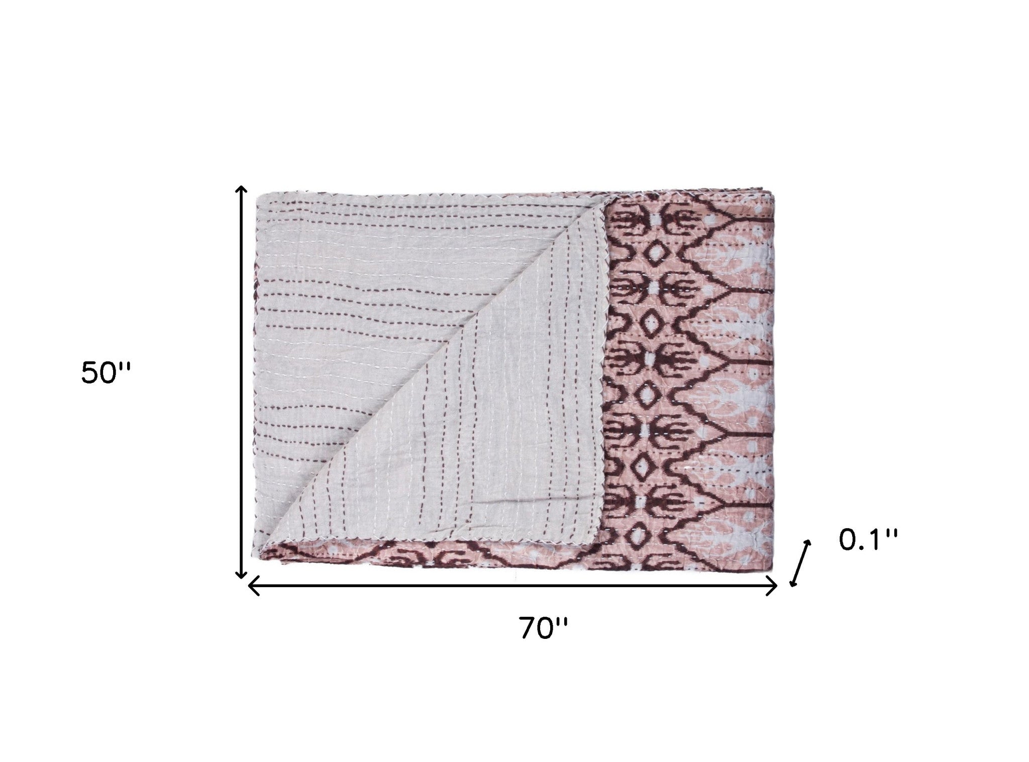 50" X 70" Pink and Brown Kantha Cotton Abstract Throw Blanket with Embroidery-Throws & Blankets-DECOROLALA