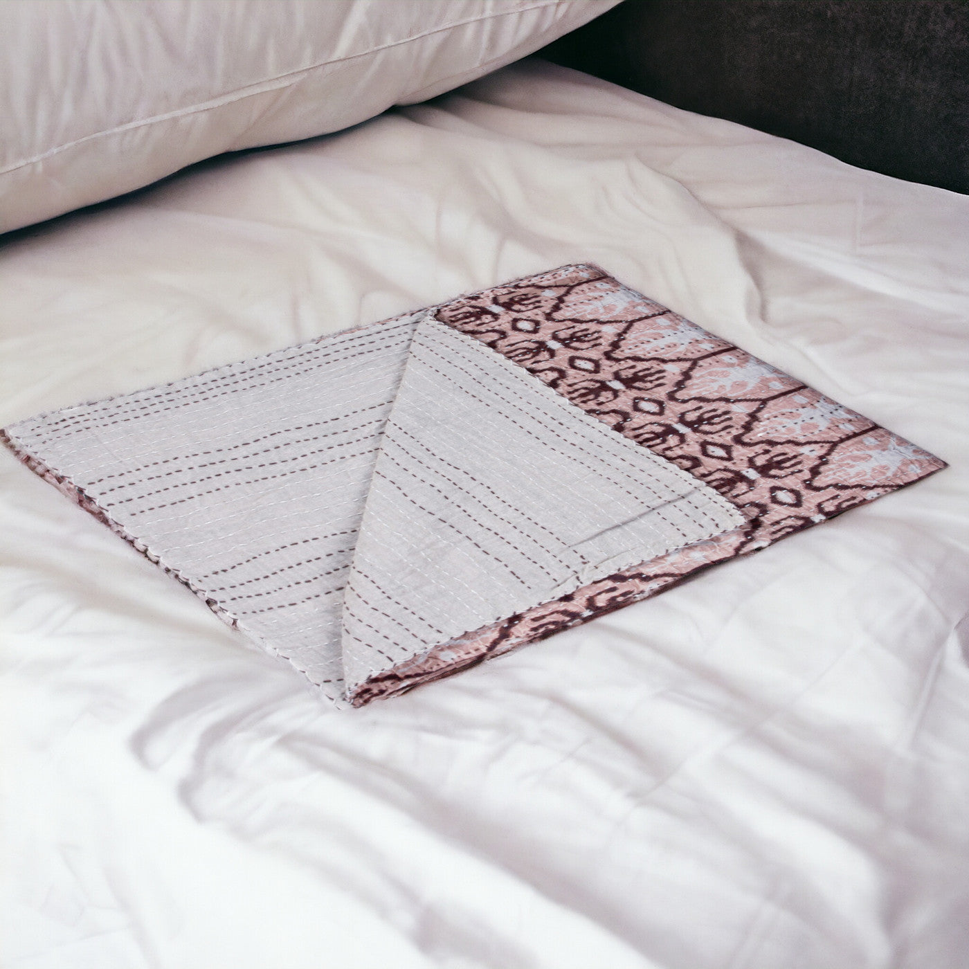 50" X 70" Pink and Brown Kantha Cotton Abstract Throw Blanket with Embroidery-Throws & Blankets-DECOROLALA