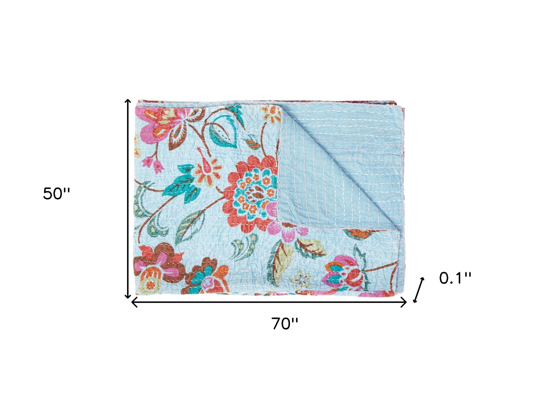 50" X 70" Pink and Red Kantha Cotton Floral Throw Blanket with Embroidery-Throws & Blankets-DECOROLALA