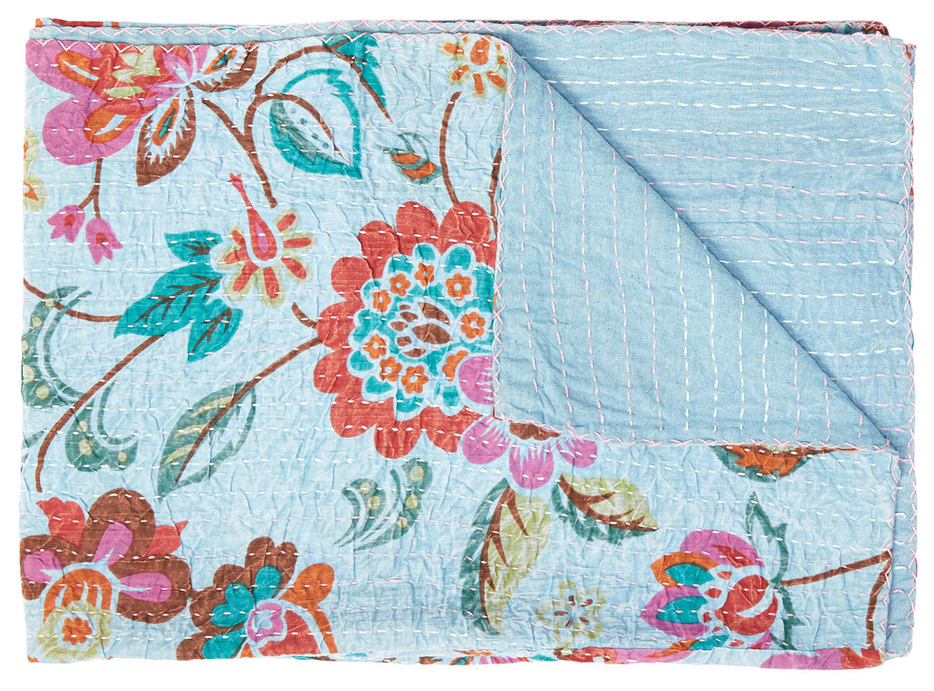 50" X 70" Pink and Red Kantha Cotton Floral Throw Blanket with Embroidery-Throws & Blankets-DECOROLALA