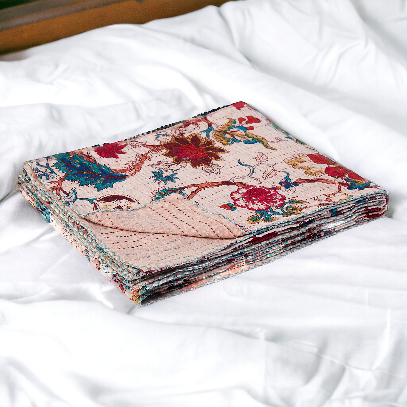 50" X 70" Pink and Red Kantha Cotton Floral Throw Blanket with Embroidery-Throws & Blankets-DECOROLALA