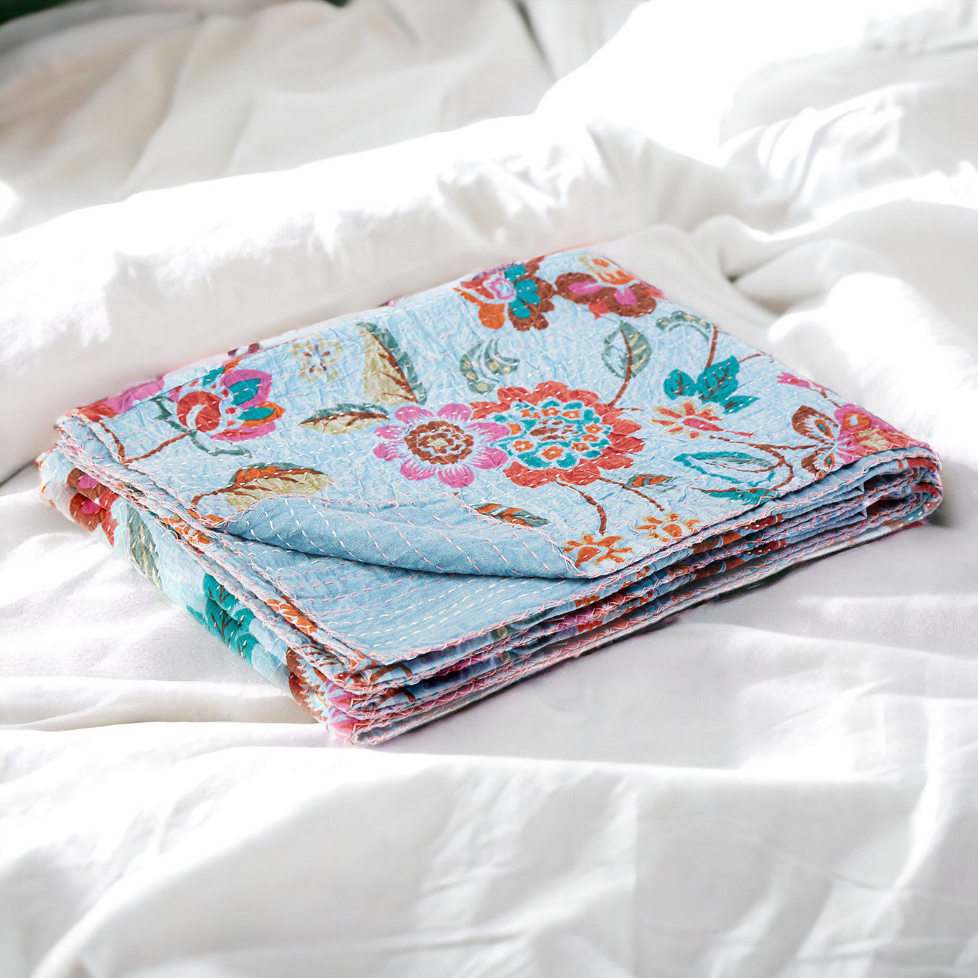 50" X 70" Pink and Red Kantha Cotton Floral Throw Blanket with Embroidery-Throws & Blankets-DECOROLALA