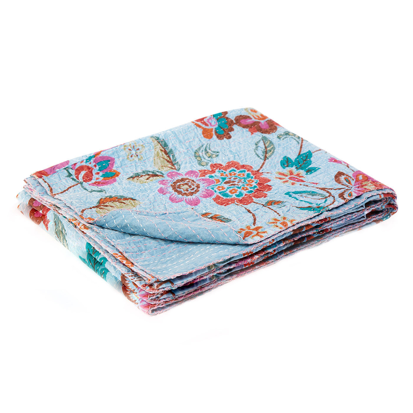 50" X 70" Pink and Red Kantha Cotton Floral Throw Blanket with Embroidery-Throws & Blankets-DECOROLALA