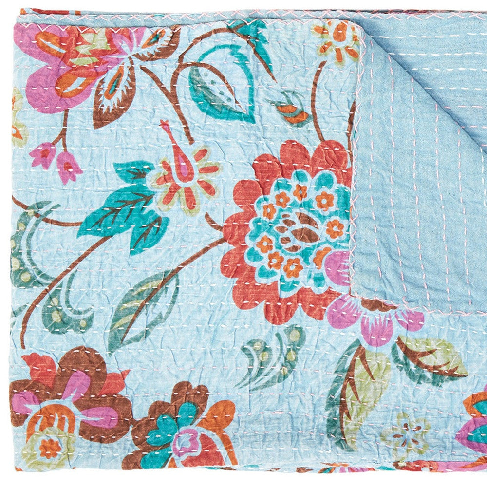 50" X 70" Pink and Red Kantha Cotton Floral Throw Blanket with Embroidery-Throws & Blankets-DECOROLALA