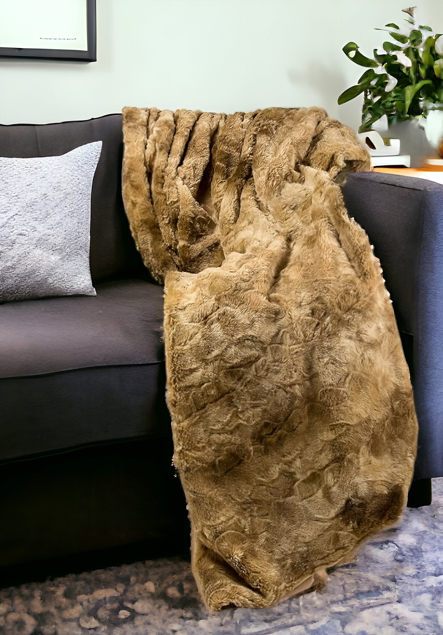 50" X 70" Taupe and Ivory Faux Fur Plush Throw Blanket-Throws & Blankets-DECOROLALA