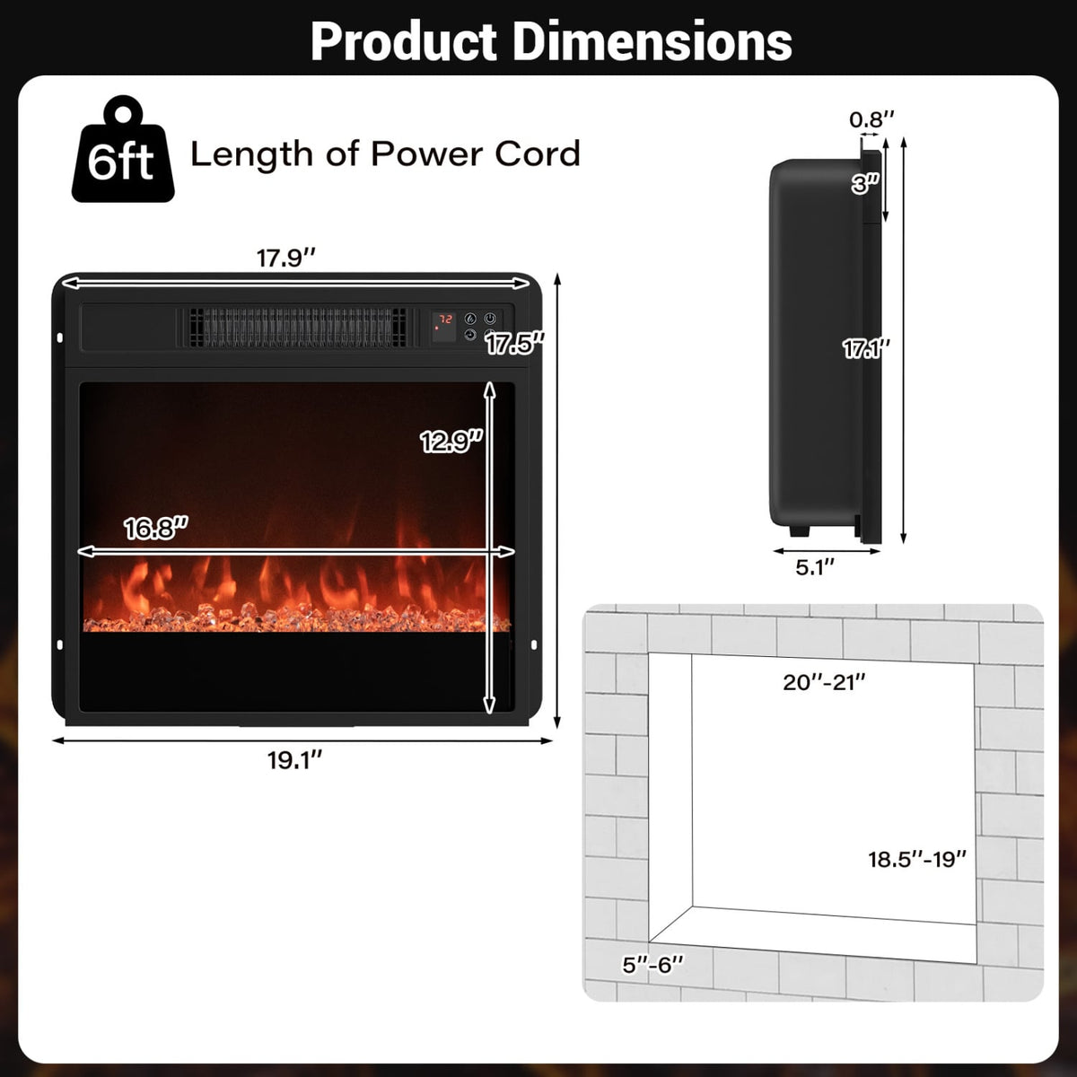 5000 BTU 18-Inch Electric Fireplace Insert with Remote Control and Brightness-Black-Fireplaces-DECOROLALA