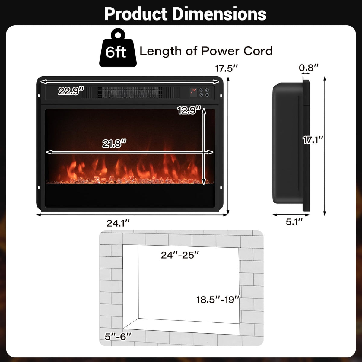 5000 BTU 23-Inch Electric Fireplace Insert with Remote Control and Brightness-Black-Fireplaces-DECOROLALA